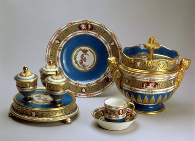 Plat de Menage, dish, cup and saucer and ice cream bowl from the Blue Cameo Service, Sevres, 1778-9 by French School