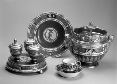 Plat de Menage, dish, cup and saucer and ice cream bowl from the Blue Cameo Service, Sevres, 1778-79 by French School