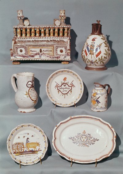 Plates, Dish, Jug, Tobacco Jar; Writing Case and Tankard Inscribed with French Revolutionary Motifs and Slogans, end 18th century by French School