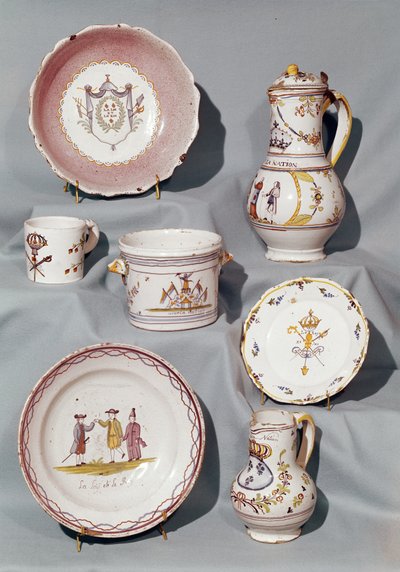 Plates, Dish, Jugs, Mug and Écuelle Inscribed with Motifs and Slogans from the Early Monarchical Period of the French Revolution, end 18th century by French School