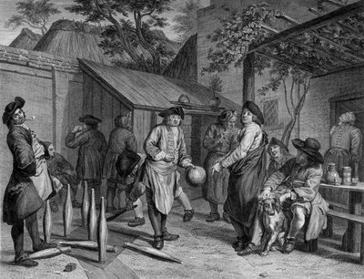 Players of bowling on the terrace of a café by French School