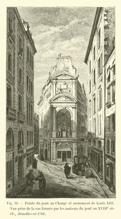 Tip of the Pont au Change and monument of Louis XIII, view taken from the street formed by the houses on the bridge in the 18th century, demolished in 1788 by French School