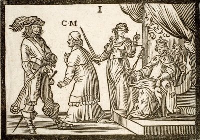 Political pamphlets Mazarinade: Mazarin banished by Justice and Sling, leaves the King. Engraved wood 1651 by French School