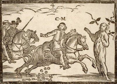Political Pamphlets Mazarinade: Mazarin in His Flight Drops Ecus: The Shadow of Concini, Marshal of Anchor, Stands Before Him. Engraved Wood 1651 by French School