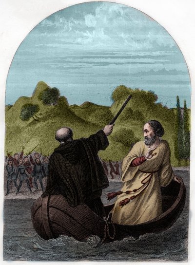 Pope Eugene IV (Eugenio, Eugenius) (1431-1447) escapes in a boat to escape the anger of the Romans - POPE EUGENIUS IV (Gabriele Condulmaro) opposed by the powerful Colonna family, he has to flee from Rome, while his enemies elect an anti-pope - Engraving f by French School