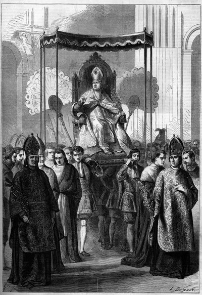 Pope Pius IX (1792-1878) carried processionally to the Church of St. Peter in Rome (Italy) on Palm Sunday in 1861. Engraving in 