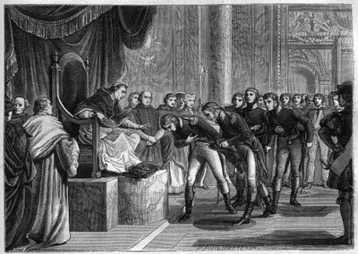 Pope Pius VII (1742-1823) receiving in Rome the French sailors members of the crews of the two bricks Saint Peter and Saint Paul offered as a gift to the Pope by Bonaparte, August 1802 - Engraving of 1865 in Histoire du Consulate et de l