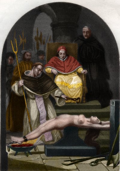 Pope Pius V presiding over the tribunal of the Inquisition by French School