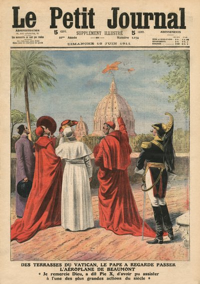 Pope Pius X watching the airplane of Andre Beaumont flying over Rome from the Vatican terrace, illustration from 