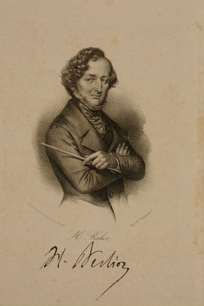 Portrait and signature of Hector Berlioz by French School