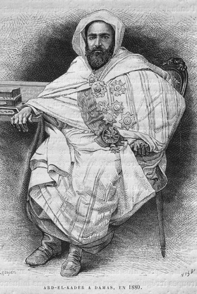 Portrait of Abd el-Kader in Damascus in 1880, from La Syrie daujourdhui. Voyages dans la Phenicie, le Liban et la Judee. 1875-1880 by Louis Charles Emile Lortet, 1884 by French School