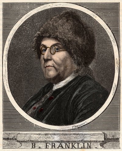 Portrait of Benjamin Franklin (1706-1790) American printer, publisher, scientist, inventor, statesman and diplomat - Engraving in 