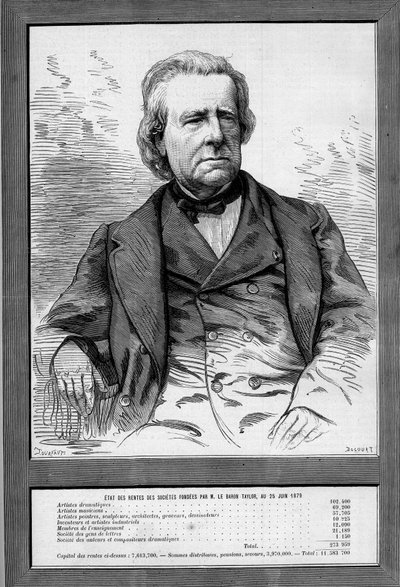 Portrait of Baron Taylor, French playwright and philanthropist. Engraving in Le Monde Illustré n°1172 of 13 September 1879 by French School