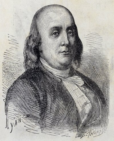 Portrait of Benjamin Franklin (1706 - 1790), American Politician, Memorialist, Pamphleteer and Physicist - in Album of Science; Illustrious Scholars; Great Discoveries 1896 by French School
