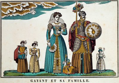 Portrait of Gayant, a giant symbolizing the city of Douai, depicts with his family: his wife, Marie Cagenon, and his three children, Jacquot, Fillon and Binbin. 18th century engraving, imagery by Belfort. Ferrand Collection by French School