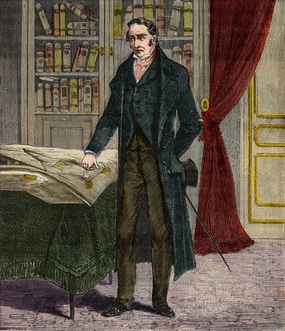 Portrait of George Stephenson, British engineer and pioneer of railway locomotives. Engraving in 