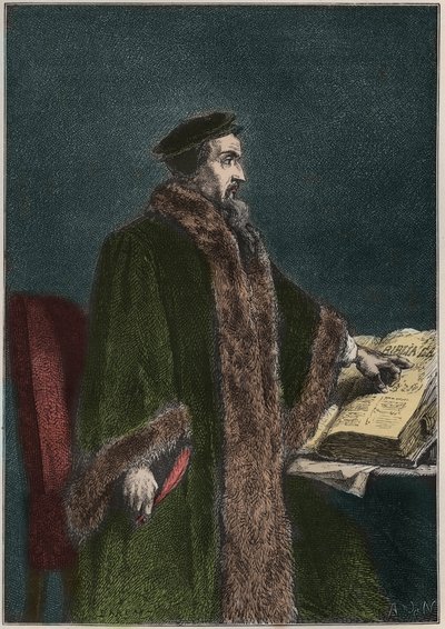 Portrait of Jean Calvin, French Religious Reformer and Writer - John Calvin - engraving from 