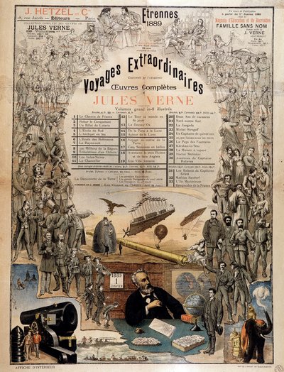 Portrait of Jules Verne and Scenes of His Works - Advertising Poster for His Complete Works by French School