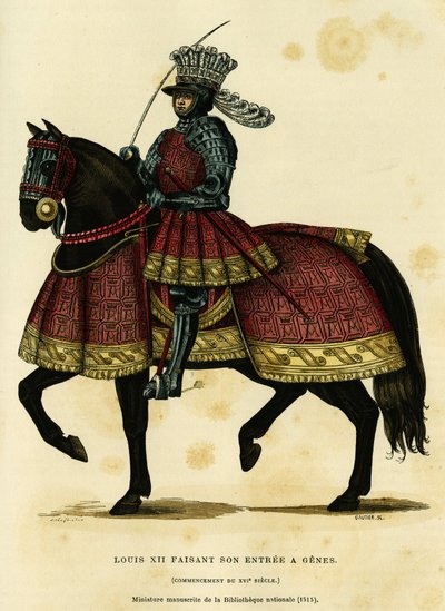 Portrait of Louis XII King of France, making his entrance to Genoa on 26 August 1502. Colour engraving after a miniature manuscript of the national library, in 