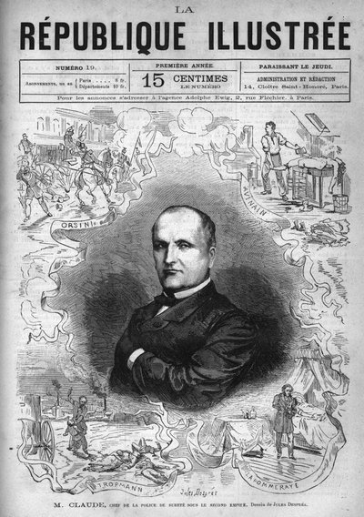 Portrait of Monsieur Claude (Antoine Francois Claude dit) (1807-1880), French policeman and writer, chief of the security police under the Second Empire. A newspaper. Engraving from 1880 in 