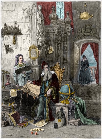 Portrait of Nostradamus, Michel de Notre Dame (1503-1566), French Astrologer and Doctor with Catherine de Medicis (1519-1589) - 19th Century Engraving by French School