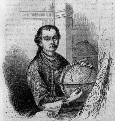 Portrait of Pierre (Peter) Anich (1723-1766), Tyrolean astronomer and cartographer, holding a globe and a compass. Engraving in 