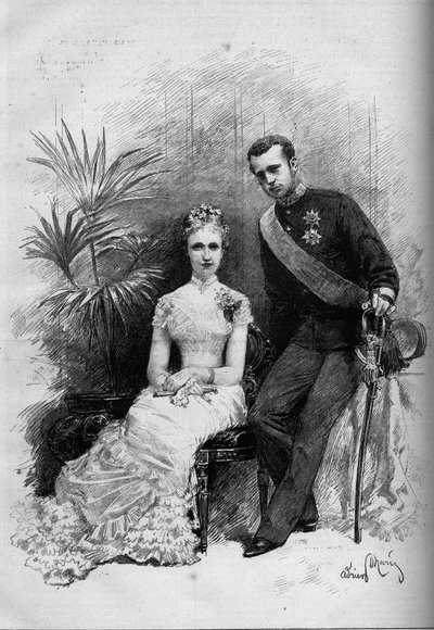 Portrait of Princess Stephanie of Belgium and Archduke Rodolphe of Austria. Engraving in 