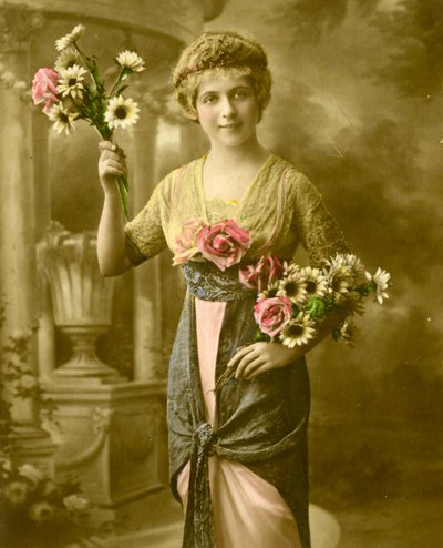 Portrait of a Woman Holding a Bunch of Flowers by French School