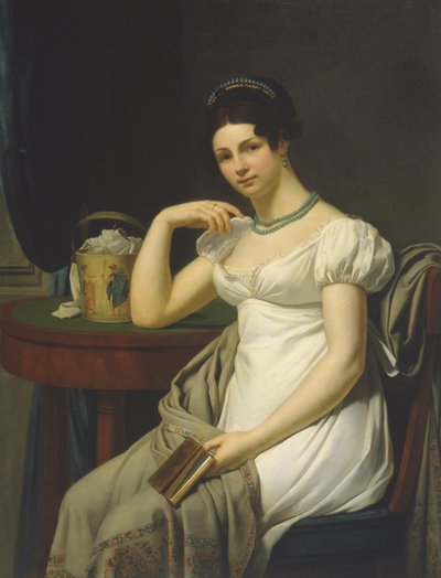 Portrait of a woman in an interior with a work basket by French School