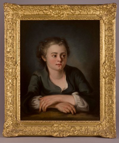 Portrait of a young girl, wearing a green dress and white chemise, seated before a table by French School