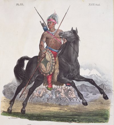 Portrait of an Apache Chief from the Rio Colorado region in California, plate 22 from a series of Costumes Mexicains by French School