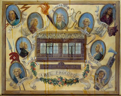 Portrait of Historical Figures and View of the Parisian Cafe Le Procope by French School