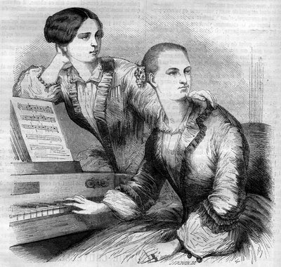 Portrait of the Cruvelli sisters, German dancers. Sophie Cruvelli and Marie Cruvelli. Engraving from 1852. by French School