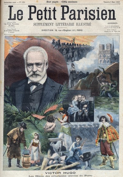 Portrait of the French writer Victor Hugo with illustrations of his main works. Engraving in 