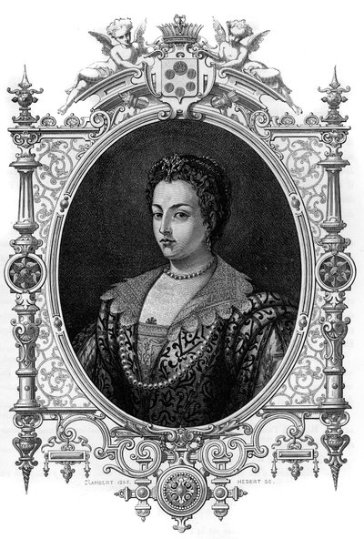Portrait of the Venetian Bianca Cappello (1548 - 1587), wife of Francois de Medicis (Francesco de Medici). Engraving of 1862 in 