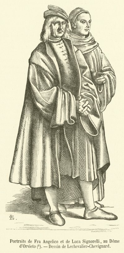 Portraits of Fra Angelico and Luca Signorelli, in the Dome of Orvieto (engraving) by French School