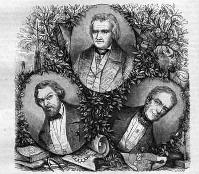 Portraits of Jean Baptiste Antoine Lassus, French architect; Charles Lacretelle Jeune, French historian and lawyer; and Baron Auguste Gaspard Louis Desnoyers, French engraver. Engraving from 1858. by French School