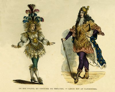 Portraits of King Louis XIV, in theatre costume and carousel. Colour engraving, in 