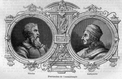 Portraits of Nicholas the mysthic (10th century) and Euthymius of Athos (955-1028), Patriarchs of Constantinople. Engraving in Histoire des Papes-Rois-Queen and Empereurs a travers les centuries by Maurice Lachatre by French School
