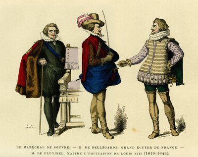 Portraits of the marechal of Souvre, of Roger de Saint Lary, Duke of Bellegarde, Grand Ecuyer of France and Antoine de Pluvinel, Master of Horse Riding of Louis XIII. Colour engraving, in France et les francais a travers les centuries by Augustin Challamel by French School