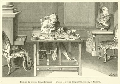 Position of the engraver in front of the grinding wheel by French School