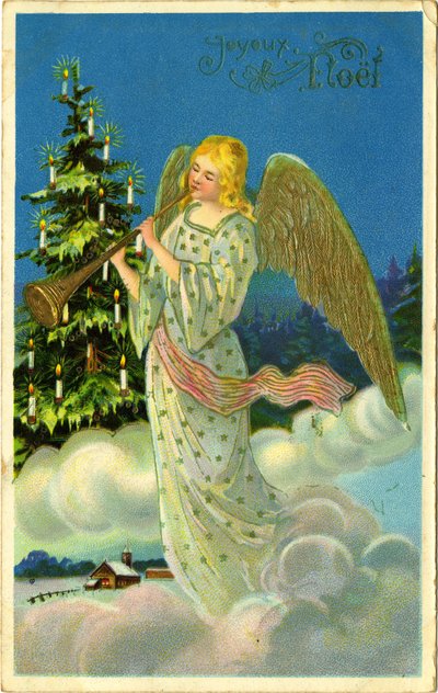 Postcard, Christmas greetings: angel with trumpet on clouds by French School