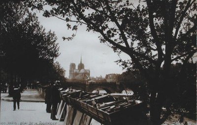 Postcard depicting Bouquinistes along the Quai de la Tournelle, Paris by French School