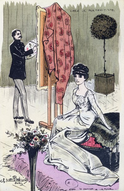 Postcard depicting a fashionable portrait painter at work, 1910 by French School