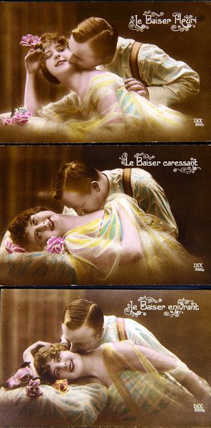 Postcard from the Period of the 1st World War Depicting the Different Types of Kiss by French School