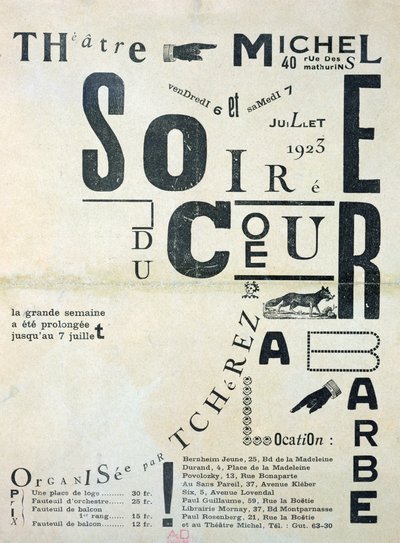 Poster advertising Soiree du Coeur a Barbe at the Theatre Michel 6th and 7th July 1923 by French School