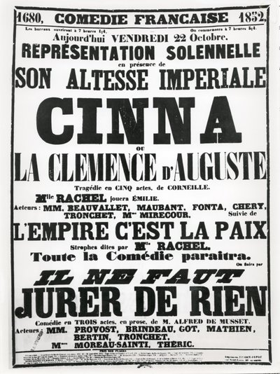 Poster advertising a performance at the Comédie-Française on 22 October, 1852, of Corneille