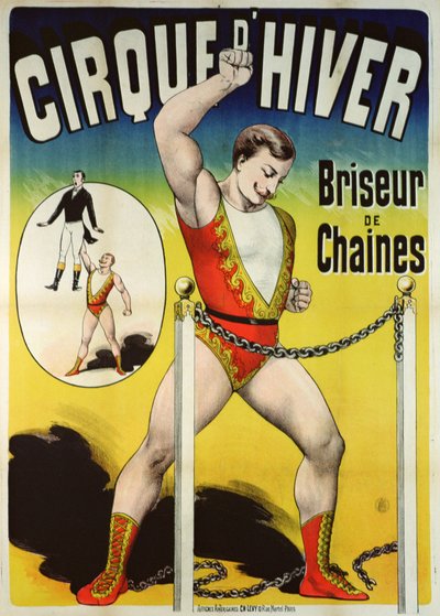 Poster advertising a strongman at the Cirque dHiver by French School