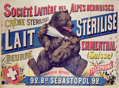 Poster advertising sterilised milk, butter and Emmenthal cheese from the Societe Laitiere des Alpes Bernoises, 1895-1900 by French School