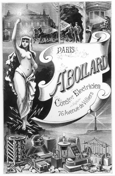 Poster advertising the Electricity Fairy and the various uses of Electricity by French School